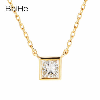 BAIHE Solid 18K Yellow Gold 0.30CT Certified H/SI Princess Genuine Natural Diamond Engagement Women Trendy Jewelry Necklaces
