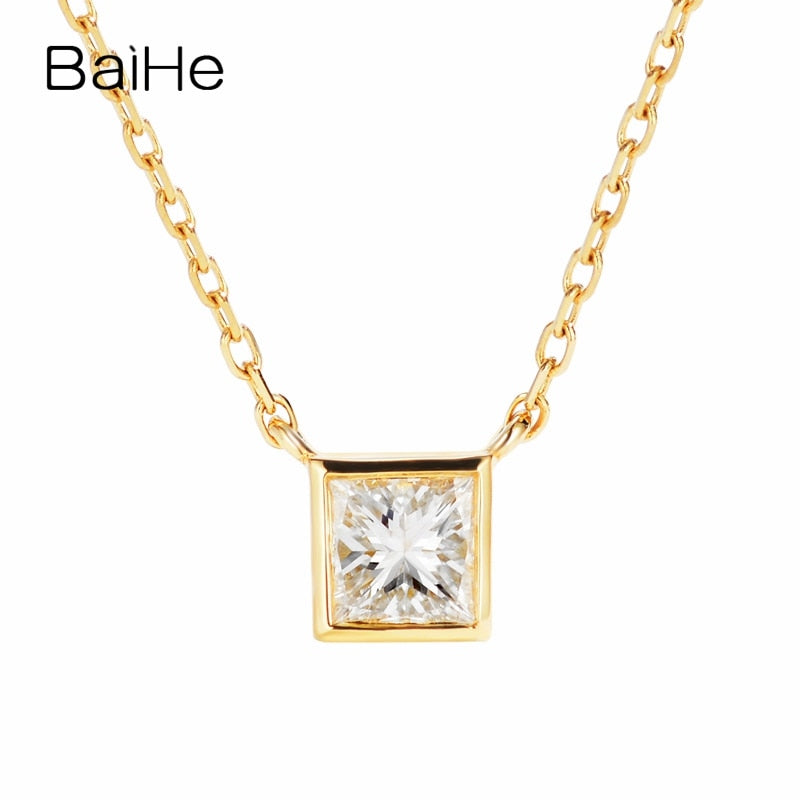 BAIHE Solid 18K Yellow Gold 0.30CT Certified H/SI Princess Genuine Natural Diamond Engagement Women Trendy Jewelry Necklaces
