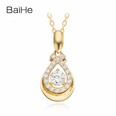 BAIHE Solid 18K Yellow Gold 0.42ct Certified Round H/SI 100% Genuine Natural Diamonds Women Wedding Fine Jewelry Gift Necklaces