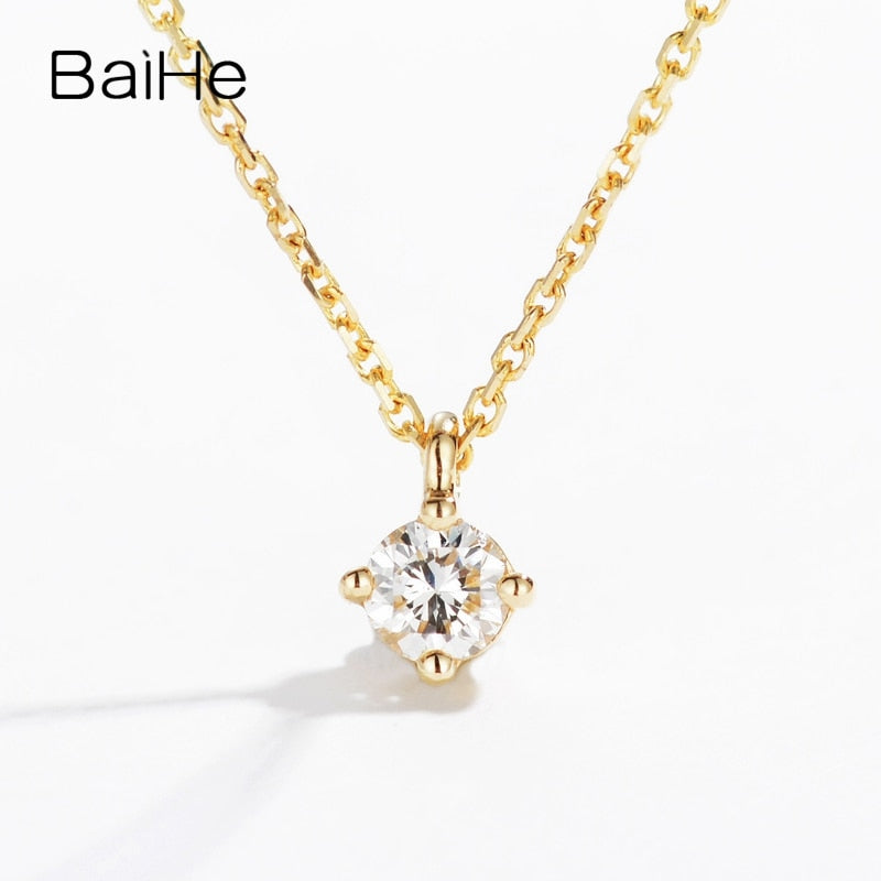 BAIHE Solid 18K Yellow Gold(AU585) 0.12ct Certified H/SI 100% Genuine Natural Diamond Women Trendy Fine Jewelry Gift Necklaces
