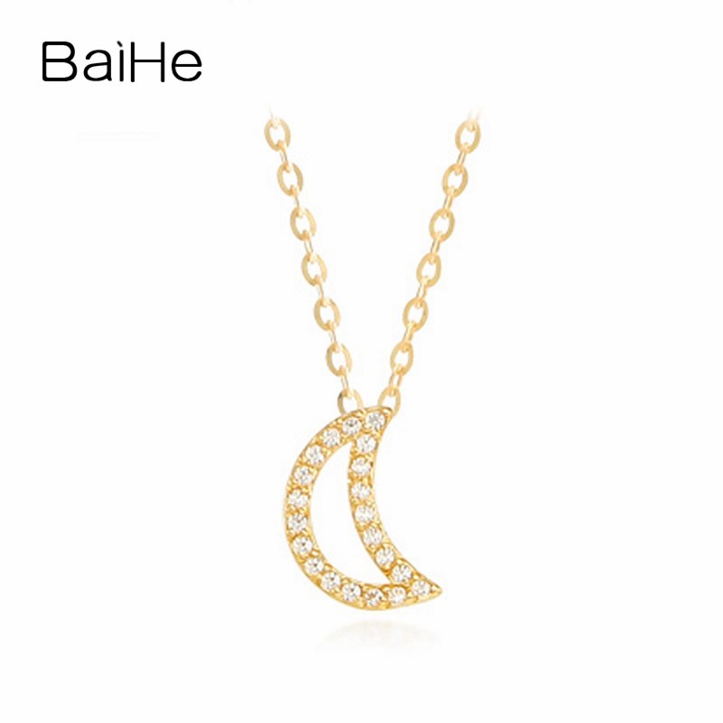 BAIHE Solid 18K Yellow Gold Certified 0.10ct Round Genuine Natural Diamonds Wedding Fine Jewelry Cute/Romantic Gift Necklaces