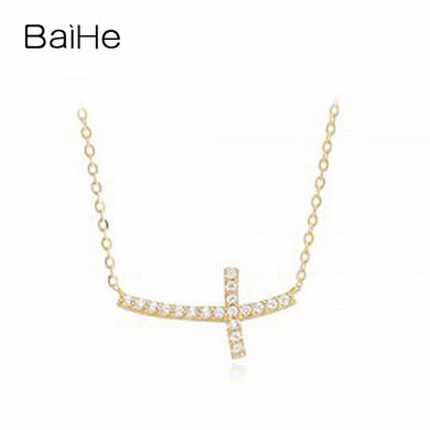 BAIHE Solid 18K Yellow Gold Certified 0.10ct Round cut 100% Genuine Natural Diamonds Anniversary Cute/Romantic Jewelry Necklaces