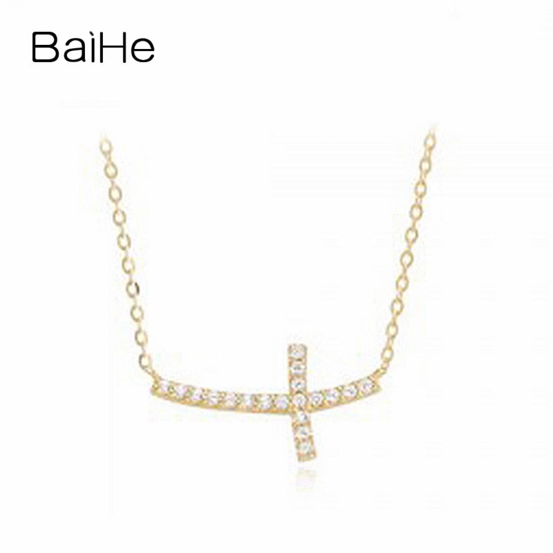 BAIHE Solid 18K Yellow Gold Certified 0.10ct Round cut 100% Genuine Natural Diamonds Anniversary Cute/Romantic Jewelry Necklaces