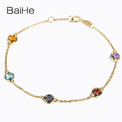 BAIHE Solid 18K Yellow Gold Round 100% Genuine Natural Amethyst & Citrine & Topaz & Garnet & Lolite Wedding Gift Trendy Bracelet