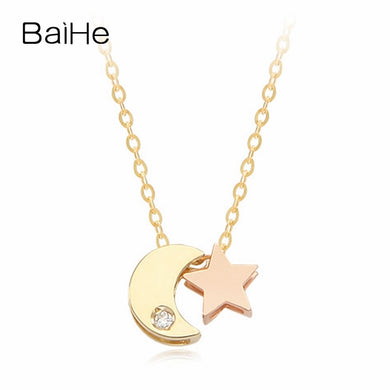 BAIHE Solid 18K Yellow & Rose Gold 0.01ct Certified 100% Genuine Natural Diamond Women Wedding Jewelry Elegant Trendy Necklaces