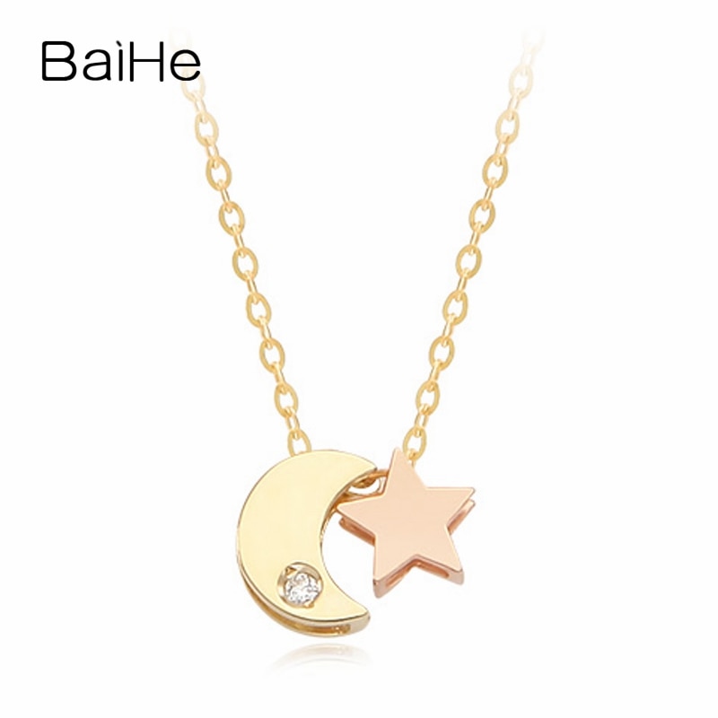 BAIHE Solid 18K Yellow & Rose Gold 0.01ct Certified 100% Genuine Natural Diamond Women Wedding Jewelry Elegant Trendy Necklaces