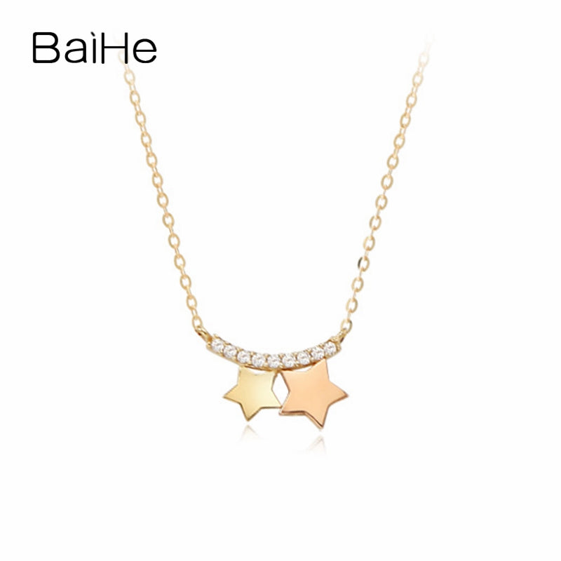 BAIHE Solid 18K Yellow & Rose Gold 0.04ct Certified 100% Genuine Natural Diamonds Women Wedding Fine Jewelry Elegant Necklaces