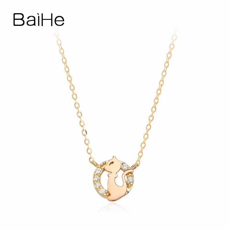 BAIHE Solid 18K Yellow & Rose Gold 0.06CT Certified 100% Genuine Natural Diamonds Women Wedding Cute/Romantic Jewelry Necklaces