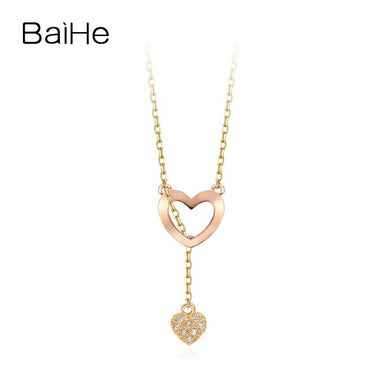 BAIHE Solid 18K Yellow & Rose Gold Certified 0.04ct Round 100% Genuine Natural Diamonds Wedding Cute/Romantic Jewelry Necklaces