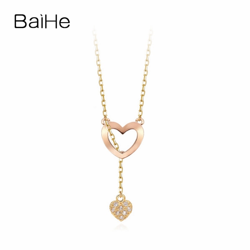 BAIHE Solid 18K Yellow & Rose Gold Certified 0.04ct Round 100% Genuine Natural Diamonds Wedding Cute/Romantic Jewelry Necklaces