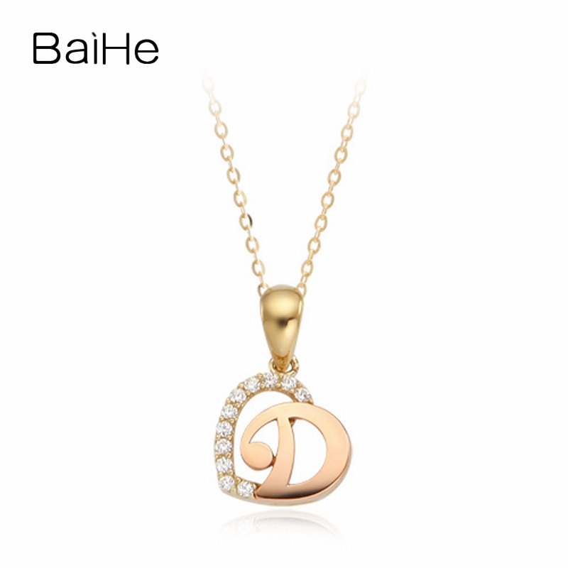 BAIHE Solid 18K Yellow & Rose Gold Certified 0.05ct Round 100% Genuine Natural Diamonds Engagement Cute/Romantic Gift Necklaces