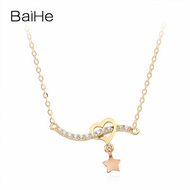 BAIHE Solid 18K Yellow & Rose Gold Certified 0.06ct Round Genuine Natural Diamonds Engagement Cute/Romantic Jewelry Necklaces