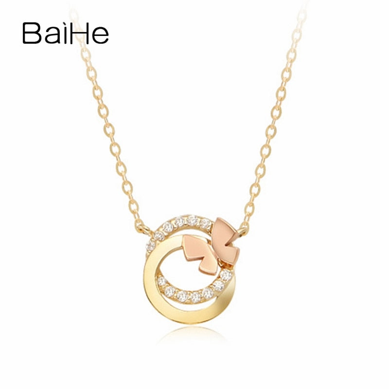 BAIHE Solid 18K Yellow & Rose Gold Certified 0.06ct Round Genuine Natural Diamonds Engagement Trendy Fine Jewelry Gift Necklaces
