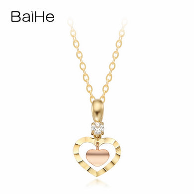 BAIHE Solid 18K Yellow & Rose Gold Certified 0.07ct Round 100% Genuine Natural Diamond Engagement Cute/Romantic Gift Necklaces