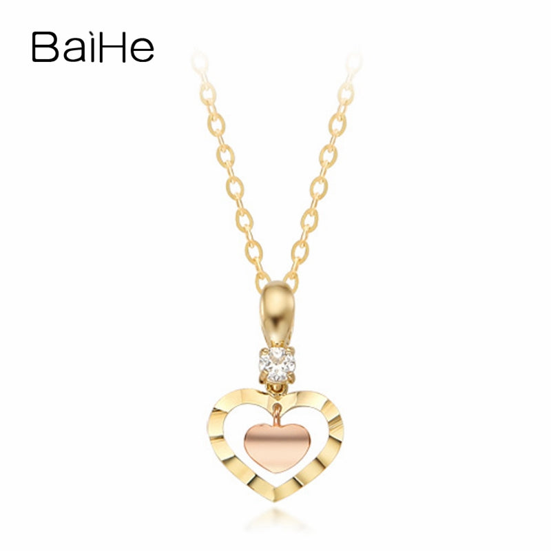 BAIHE Solid 18K Yellow & Rose Gold Certified 0.07ct Round 100% Genuine Natural Diamond Engagement Cute/Romantic Gift Necklaces