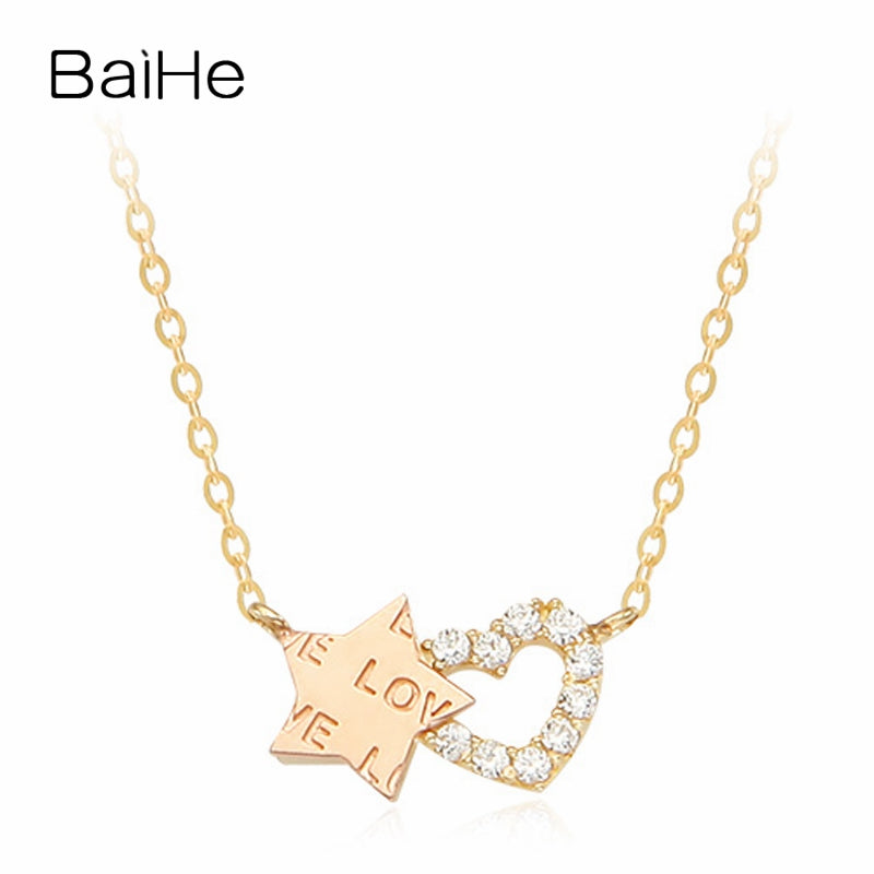 BAIHE Solid 18K Yellow & Rose Gold Certified 0.07ct Round 100% Genuine Natural Diamonds Wedding Trendy Fine Jewelry Necklaces