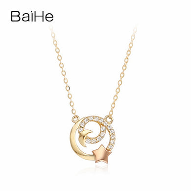 BAIHE Solid 18K Yellow & Rose Gold Certified 0.09ct Round 100% Genuine Natural Diamonds Engagement Cute/Romantic Gift Necklaces