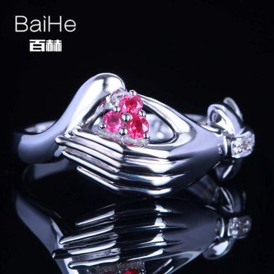 BAIHE Sterling Silver 925 0.15CT Certified H/SI 100% Genuine Natural Diamonds & Rubies Women Classic Fine Jewelry Ring
