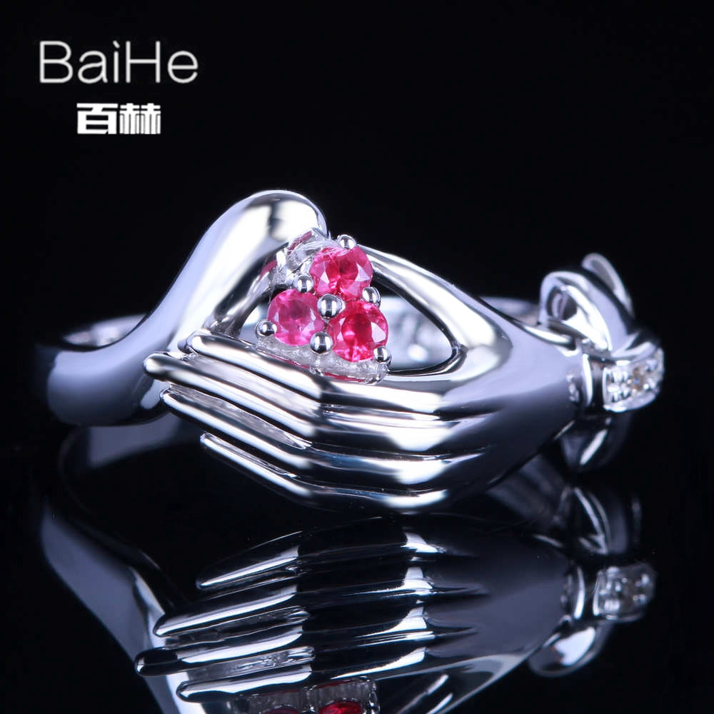 BAIHE Sterling Silver 925 0.15CT Certified H/SI 100% Genuine Natural Diamonds & Rubies Women Classic Fine Jewelry Ring