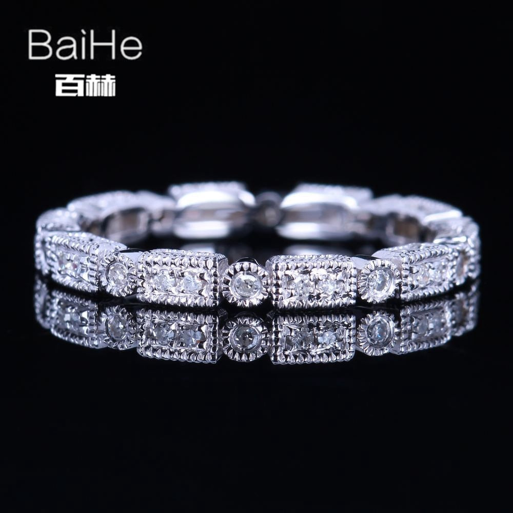BAIHE Sterling Silver 925 0.2CT Certified H/SI3 Round Genuine Natural Diamonds Wedding Women Office/career Fine Jewelry Ring