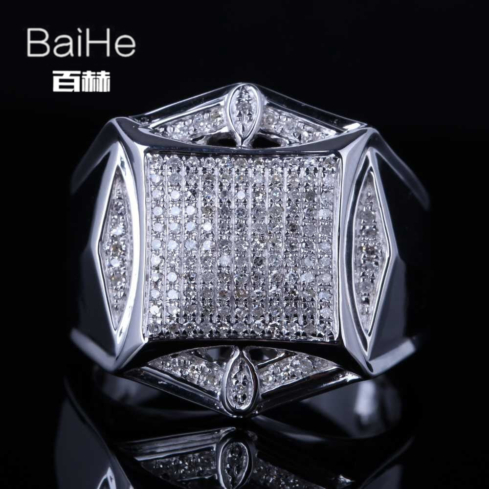 BAIHE Sterling Silver 925 0.6CT Certified H/I Round Cut Genuine Natural Diamonds Wedding Men Trendy Fine Jewelry Ring