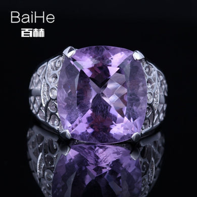 BAIHE Sterling Silver 925 8.5ct Certified Cushion Flawless Purple Genuine Amethyst Wedding Women Office/career Fine Jewelry Ring