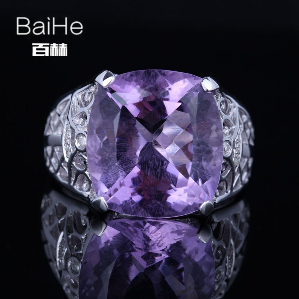 BAIHE Sterling Silver 925 8.5ct Certified Cushion Flawless Purple Genuine Amethyst Wedding Women Office/career Fine Jewelry Ring
