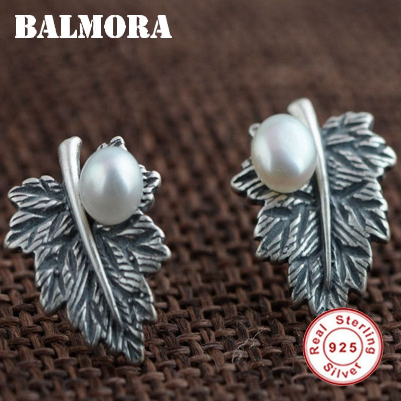100% Real 925 Sterling Silver Jewelry Leaf & Simulated Pearl Retro Stud Earrings for Women Lover Gift Bijoux SY31284