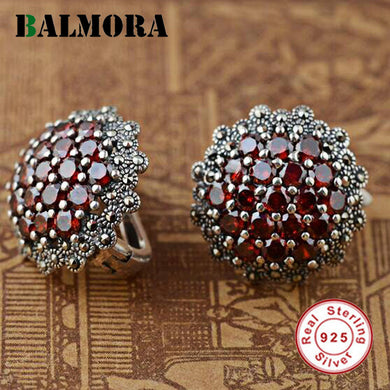 100% Real 925 Sterling Silver Jewelry Red Garnet Retro Elegant Stud Earrings for Women Lover Party Gifts Aretes SLS30192