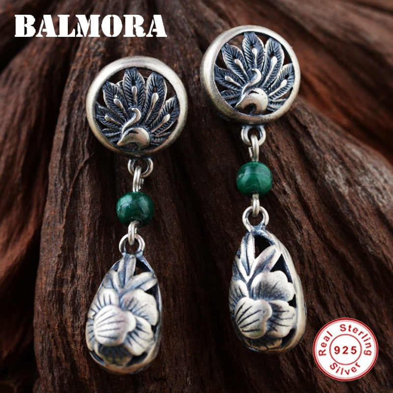100% Real 925 Sterling Silver Malachite Retro Phoenix & Peony Flower Earrings for Women Gifts Jewelry Bijoux SY31091