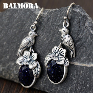 100% Real 990 Pure Silver Bird & Flower Earrings for Women Mother Gift Retro Earrings Cute Jewelry Brincos SJS30026