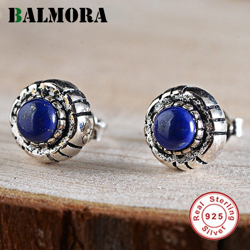 925 Sterling Silver Lapis Lazuli Stud Earrings for Women Gift Round Earrings Vintage Fashion Jewelry Brincos SY31380