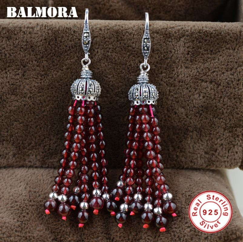 925 Sterling Silver Red Garnet Tassel Dangle Earrings for Women Mother Gift Ethnic Earrings Jewelry Brincos HSJ30179