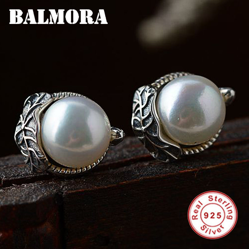 925 Sterling Silver Simulated-Pearl Leaves Stud Earrings for Women Party Silver Earrings Vintage Jewelry Brincos SY31365