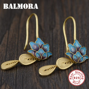 925 Sterling Silver Vintage Drop Earrings for Women Gift Gold Color Ethnic Enameling Earrings Jewelry Brincos SY31569