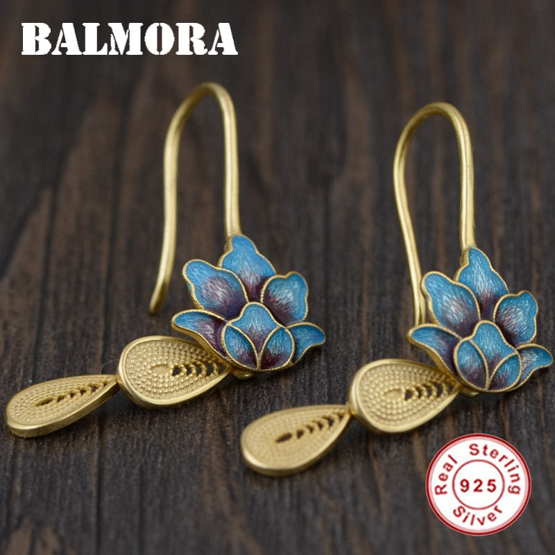 925 Sterling Silver Vintage Drop Earrings for Women Gift Gold Color Ethnic Enameling Earrings Jewelry Brincos SY31569