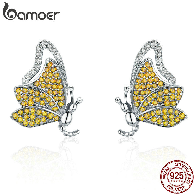 100% 925 Sterling Silver Dancing Butterfly Yellow CZ Exquisite Stud Earrings for Women Sterling Silver Jewelry SCE369