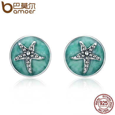 100% 925 Sterling Silver Fantasy Starfish Round Small Stud Earrings for Women Clear CZ Fashion Earrings Jewelry SCE205