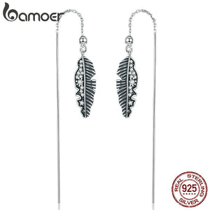 100% 925 Sterling Silver Vintage Punk Feather Palm Leaves Long Drop Earrings for Women Earrings Jewelry Brincos SCE281