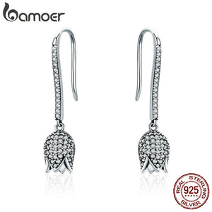 925 Sterling Silver Dazzling CZ Tulip Flower Petal Female Drop Earrings for Women Luxury Earrings Silver Jewelry SCE301