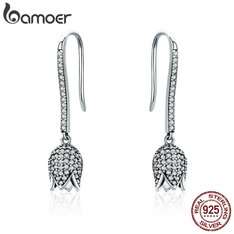 925 Sterling Silver Dazzling CZ Tulip Flower Petal Female Drop Earrings for Women Luxury Earrings Silver Jewelry SCE301