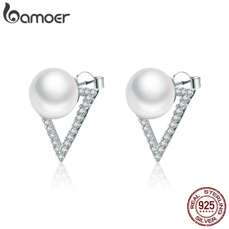 925 Sterling Silver Elegant Triangle Pearl Stud Earrings for Women Sterling Silver Earrings Jewelry SCE268