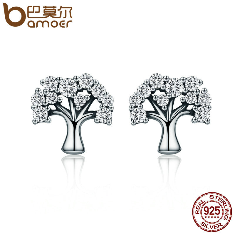 Authentic 100% 925 Sterling Silver Tree of Life ,Clear CZ Stud Earrings for Women Sterling Silver Jewelry Brincos SCE068