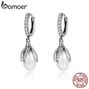 Authentic 925 Sterling Silver Blooming Flower Petal Pearl Drop Earrings for Women Luxury Silver Jewelry SCE259