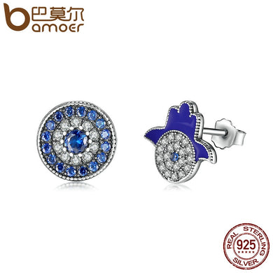 Authentic 925 Sterling Silver Blue Eyes Crystals God's Hand Eves Stud Earrings , Clear CZ Sterling Silver Jewelry SCE042