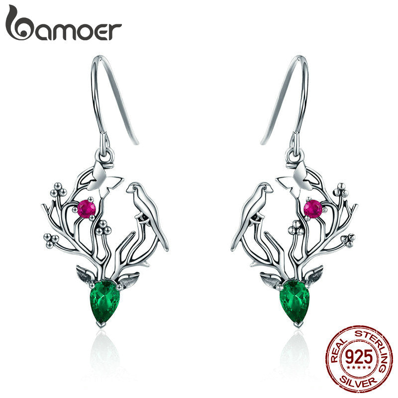 Authentic 925 Sterling Silver Elk Legend Crystal Tree Leaves Drop Earrings for Women Sterling Silver Jewelry Gift SCE367