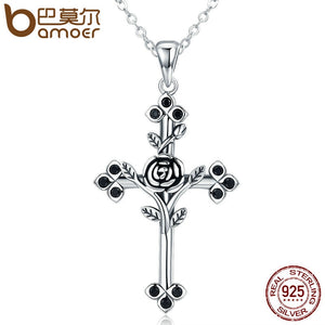 Authentic 925 Sterling Silver Rose Flower Leaf Cross Pendant Necklaces for Women Sterling Silver Jewelry Collares SCN091