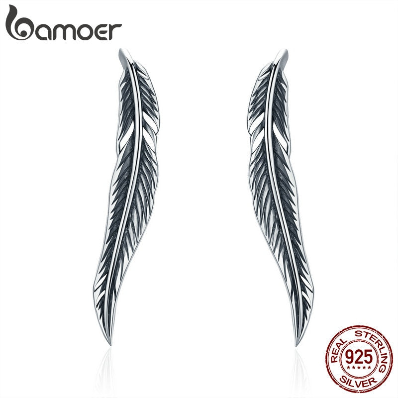 Authentic 925 Sterling Silver Vintage Feather Wings Cuff Drop Earrings for Women Sterling Silver Earrings Jewelry SCE258