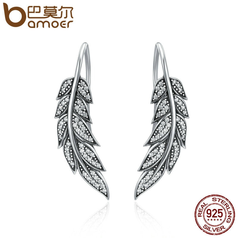 Authentic 925 Sterling Silver Vintage Feather Wings Long Drop Earrings for Women Sterling Silver Jewelry Brincos SCE215