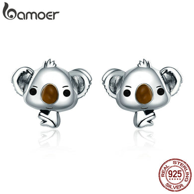 Genuine 100% 925 Sterling Silver Animal Cute Koala Bear Stud Earrings for Women Sterling Silver Jewelry Gift SCE381